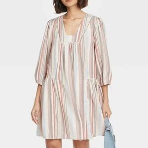 Knox Rose Linen Blend Boho Multicolored Stripe Babydoll Mini Dress Womens Sz L
